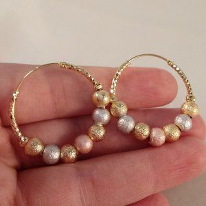 18K Yellow Gold Filled Three Color Carved Bead Hoop Earrings 31mm Party Gift